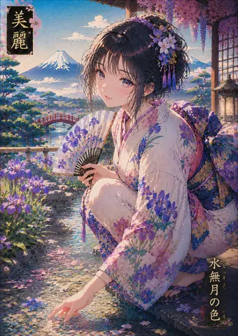 菖蒲庭園と富士を望む和装少女 thumbnail
