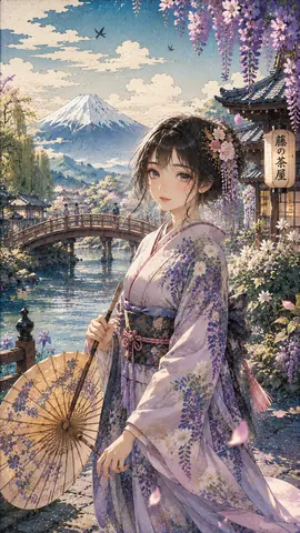 藤の茶屋と富士を望む春景色 thumbnail