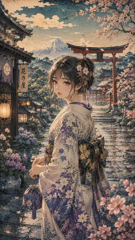 桜舞う神社参道の花乃屋嬢 thumbnail