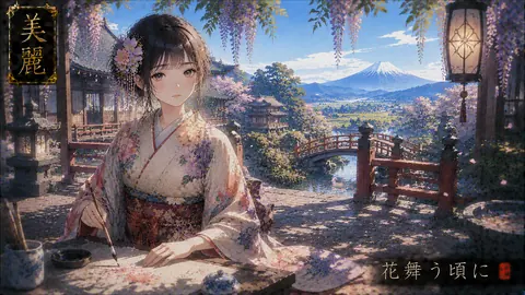 桜舞う庭園で書をしたためる少女 thumbnail
