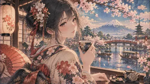 桜舞う茶屋から望む富士山 thumbnail