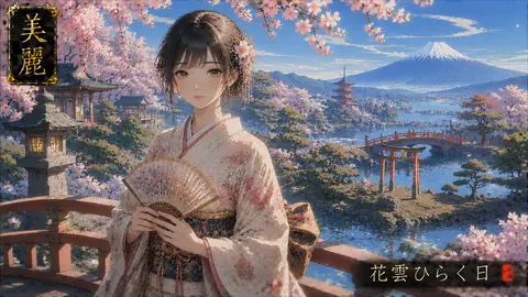 桜と富士を望む着物の女性 thumbnail