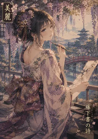 藤棚の下、紫苑の書き手 thumbnail
