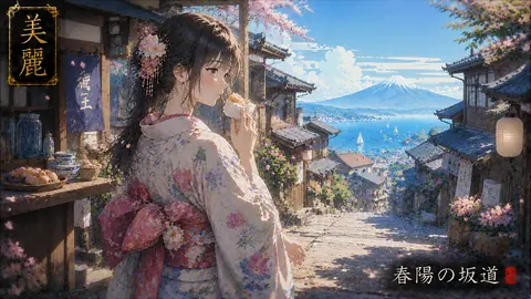 桜舞う海辺の古都坂道 thumbnail