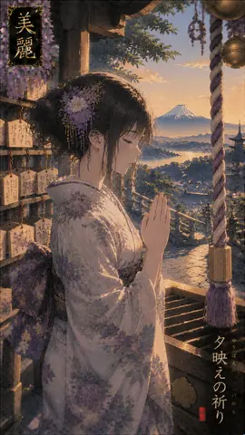 夕映えに祈る巫女姿の女性 thumbnail