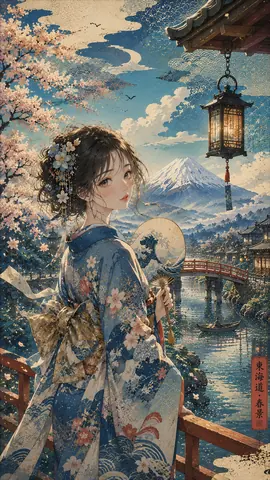 桜舞う川町の浮世絵幻想 thumbnail