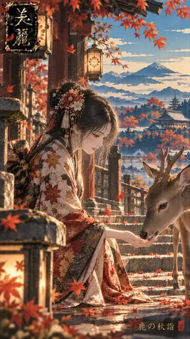 秋詣、紅葉の社と鹿 thumbnail