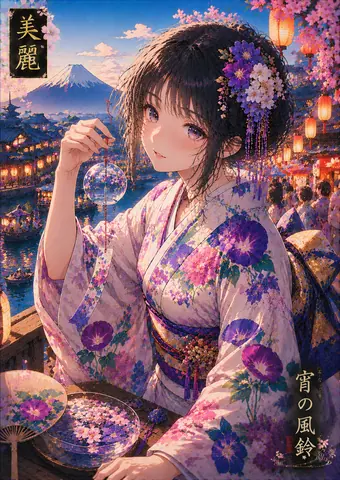 宵祭りの風鈴と花柄浴衣 thumbnail