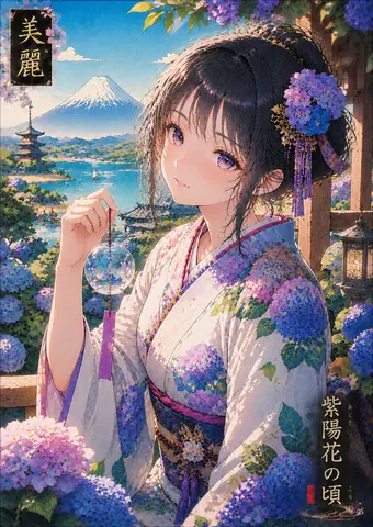 紫陽花と風鈴、富士望む夏庭 thumbnail