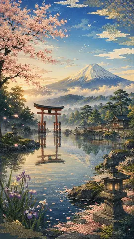 桜と富士を映す湖畔の神社 thumbnail
