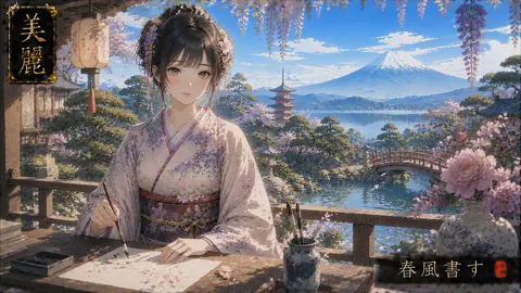 春の庭で書をしたためる女性 thumbnail