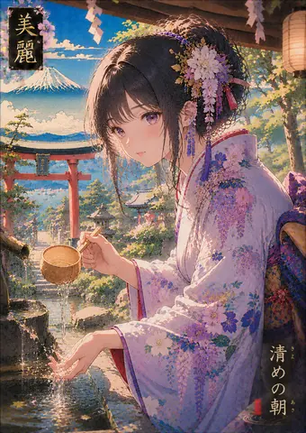 神社で清める紫髪飾りの巫女 thumbnail