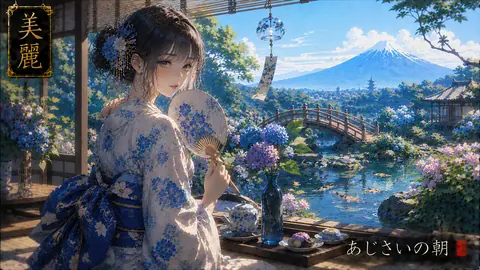 紫陽花の朝、風鈴と富士 thumbnail