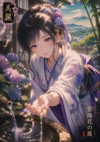 紫陽花の庭で水に触れる女性 thumbnail
