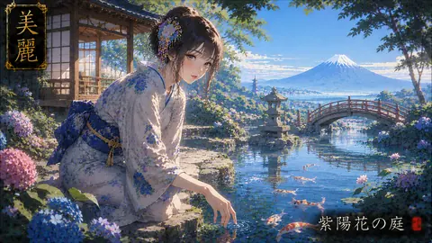 紫陽花の庭と富士を望む池泉庭園 thumbnail