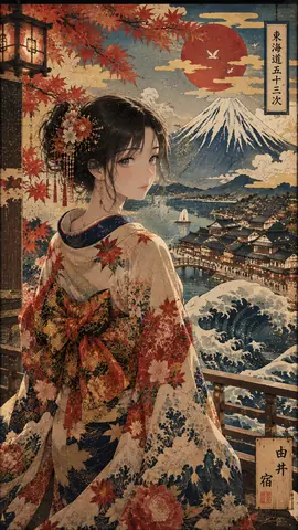 浮世絵に佇む秋の着物美人 thumbnail
