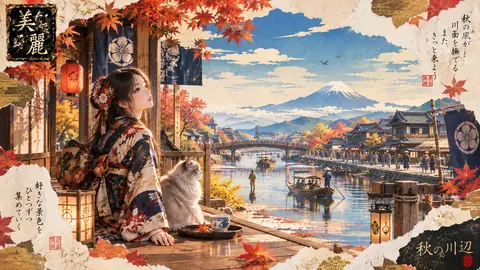 秋彩の川辺と富士山 thumbnail