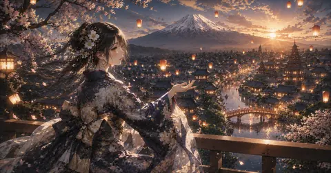 夕暮れの富士と灯籠の街眺め thumbnail