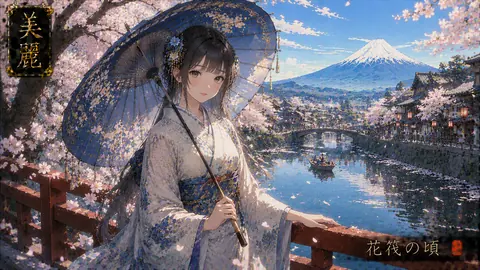 桜舞う富士と花傘の娘 thumbnail