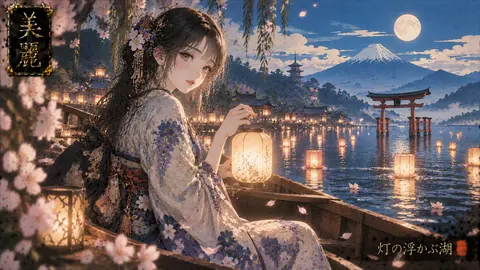 灯り浮かぶ湖と月夜の舟 thumbnail