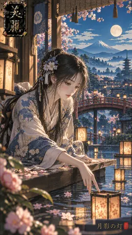 月影に揺れる灯籠と桜 thumbnail