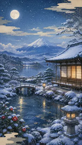 雪月夜の日本庭園と富士山 thumbnail
