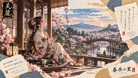桜舟を望む縁側の春景色 thumbnail