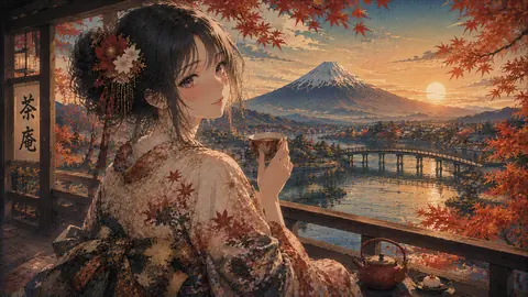 夕映えの茶庵と富士山眺望 thumbnail