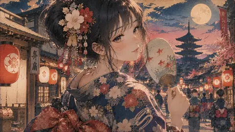 月夜の灯籠祭りと花簪の少女 thumbnail