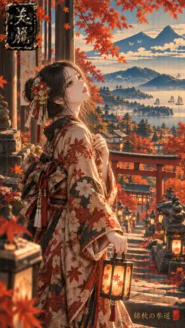 秋色の錦秋、灯籠を手に佇む巫女 thumbnail