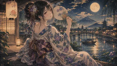 月夜の川辺、団扇を手にする浴衣姿の美女 thumbnail