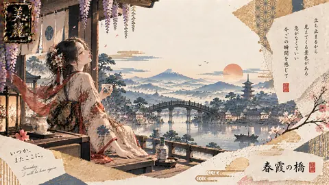 春霞の橋と静かな川辺 thumbnail