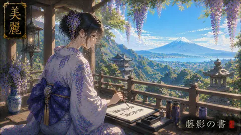 藤影の書と富士を望む寺院 thumbnail