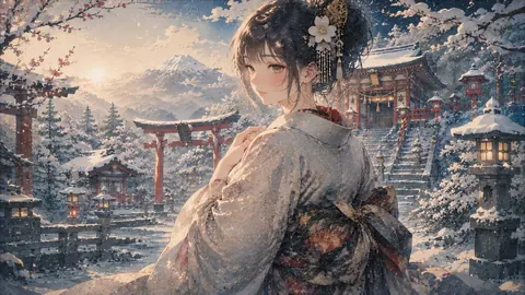 雪の神社と振り返る着物姿の女性 thumbnail