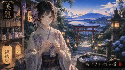 夕暮れの縁結び神社と富士山 thumbnail