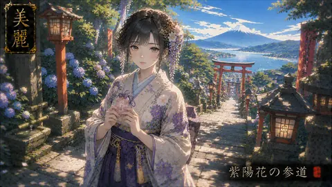 紫陽花咲く富士見神社の参道 thumbnail