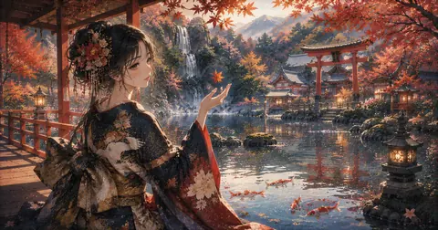 紅葉の神池と着物の女性 thumbnail