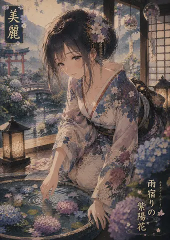 雨宿りの紫陽花と花簪 thumbnail
