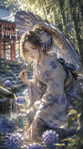 水辺に佇む花模様の和傘娘 thumbnail