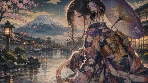 春雨の水鏡 ― 紫傘と富嶽 thumbnail