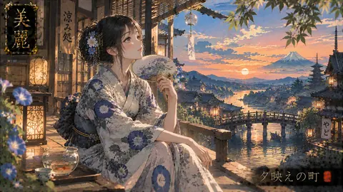夕映えの町、涼み処の美女 thumbnail