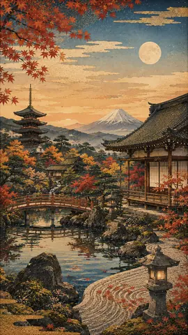 秋色に染まる月夜の寺庭園 thumbnail