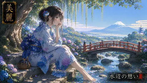 桜花と富士を望む水辺の憩い thumbnail