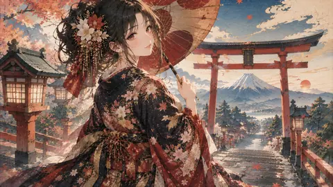 秋の神社で振り返る和装の女性 thumbnail