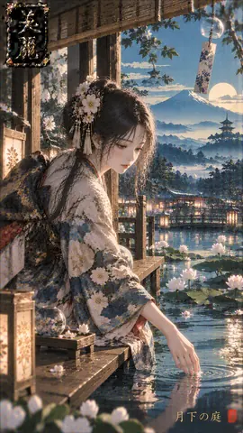 月下の蓮池と着物の女性 thumbnail