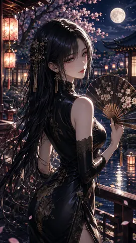 月夜の桜庭園と金扇の麗人 thumbnail