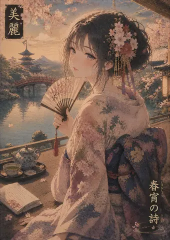 桜舞う水辺の和風美人 thumbnail