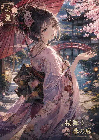 桜舞う春の庭と麗しき着物姿 thumbnail