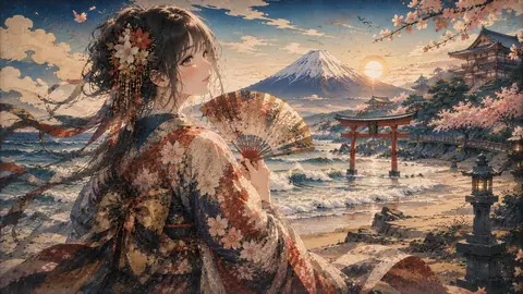 潮騒の富嶽 ― 春風に舞う扇 thumbnail