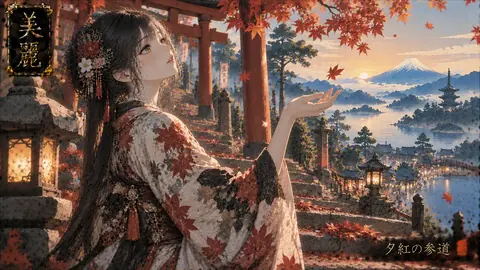 紅葉舞う夕暮れの参道 thumbnail